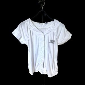 80's Lauren Brooke White Play Ball Baseball Button Up Jersey Womens Medium